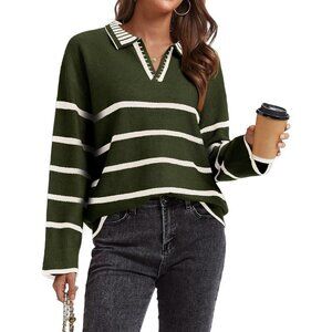 Women’s Army Green Fall Polo Sweater Striped V Neck Long Sleeve Pullover